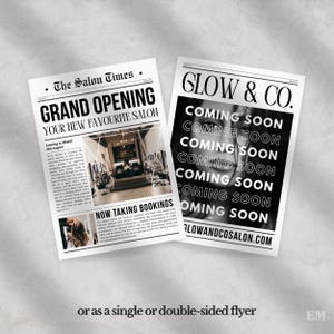 K&ouml;nnte beinhalten: Zwei rechteckige Flyer mit schwarz-wei&szlig;em Text und Bildern. Der linke Flyer mit dem Titel The Salon Times k&uuml;ndigt die Er&ouml;ffnung von Glow & Co. an. Der rechte Flyer zeigt wiederholt den Text Glow & Co. und Coming Soon.