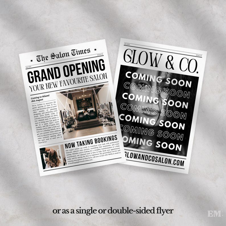 K&ouml;nnte beinhalten: Zwei rechteckige Flyer mit schwarz-wei&szlig;em Text und Bildern. Der linke Flyer mit dem Titel The Salon Times k&uuml;ndigt die Er&ouml;ffnung von Glow & Co. an. Der rechte Flyer zeigt wiederholt den Text Glow & Co. und Coming Soon.