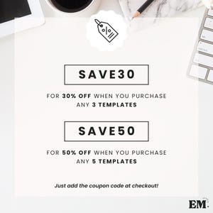 May include: White background with text offering discounts on templates. The text reads "SAVE30" for 30% off when purchasing 3 templates and "SAVE50" for 50% off when purchasing 5 templates. The image also includes a tag icon.