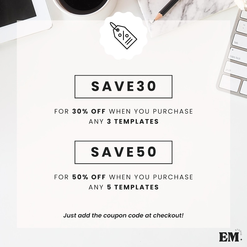May include: White background with text offering discounts on templates. The text reads "SAVE30" for 30% off when purchasing 3 templates and "SAVE50" for 50% off when purchasing 5 templates. The image also includes a tag icon.
