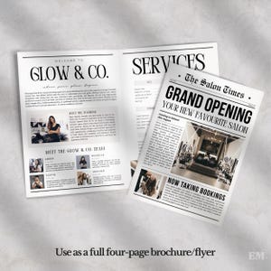 K&ouml;nnte beinhalten: Eine gedruckte Brosch&uuml;re und ein Flyer f&uuml;r den Glow & Co. Salon. Die Brosch&uuml;re enth&auml;lt Text, Mitarbeiterfotos und Dienstleistungslisten. Der Flyer ist wie eine Zeitung mit dem Titel The Salon Times gestaltet und k&uuml;ndigt eine Er&ouml;ffnung an.