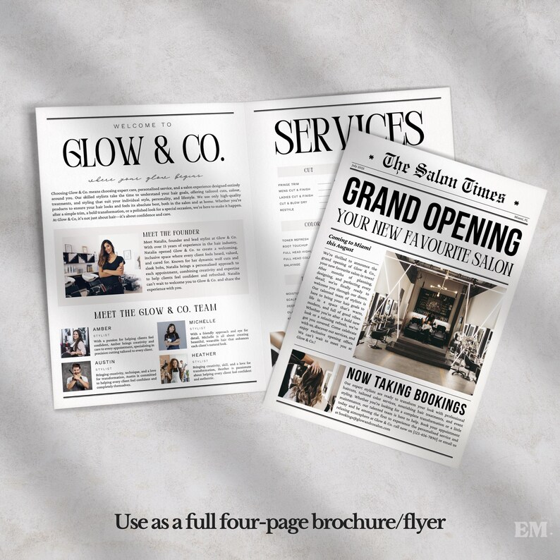 K&ouml;nnte beinhalten: Eine gedruckte Brosch&uuml;re und ein Flyer f&uuml;r den Glow & Co. Salon. Die Brosch&uuml;re enth&auml;lt Text, Mitarbeiterfotos und Dienstleistungslisten. Der Flyer ist wie eine Zeitung mit dem Titel The Salon Times gestaltet und k&uuml;ndigt eine Er&ouml;ffnung an.