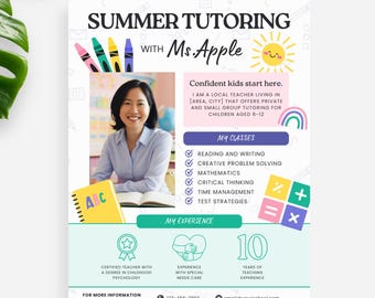 Summer Tutoring Flyer Vorlage - Bearbeitbare Canva-Vorlage für Lehrer und Tutoren - US Letter und A4