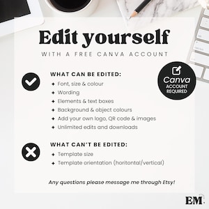 Puede incluir: Un gr&aacute;fico de instrucciones de plantilla digital con el texto Edit yourself with a free Canva account. Enumera caracter&iacute;sticas editables como fuente, tama&ntilde;o, color, texto y elementos, y caracter&iacute;sticas no editables como el tama&ntilde;o y la orientaci&oacute;n de la plantilla.