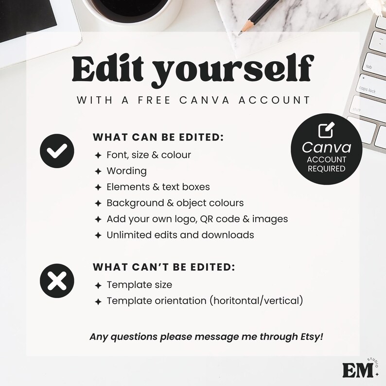 Puede incluir: Un gr&aacute;fico de instrucciones de plantilla digital con el texto Edit yourself with a free Canva account. Enumera caracter&iacute;sticas editables como fuente, tama&ntilde;o, color, texto y elementos, y caracter&iacute;sticas no editables como el tama&ntilde;o y la orientaci&oacute;n de la plantilla.
