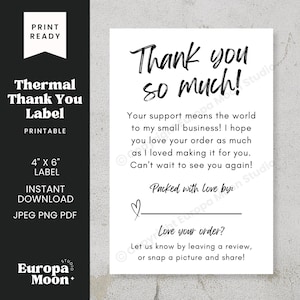Printable Thermal Thank You Label 4x6 PNG - Thank You So Much | Small Business stickers Instant Download JPEG PDF