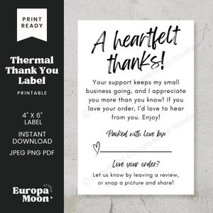 Thermal Thank You Label 4x6 PNG - A Heartfelt Thanks | Small Business Stickers Instant Download JPEG PDF Printable