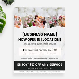 May include: A promotional flyer with a marble effect background and floral images. The text reads "[BUSINESS NAME] NOW OPEN IN [LOCATION]" with address and opening hours. It offers a 15% discount on services.