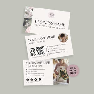 May include: Three rectangular business cards with a white background. The top card features a floral design, a logo circle, and text placeholders. The middle and bottom cards include contact details, social media icons, a QR code, and photo slots.
