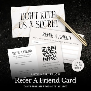 Puede incluir: Un conjunto de tarjetas de referencia con el texto "NO GUARDES UN SECRETO" y "REFIERE A UN AMIGO". Las tarjetas son blancas con texto negro y un diseño de mármol. Un bolígrafo dorado descansa sobre las tarjetas. Para Luxe Hair Salon.