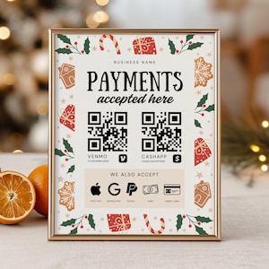 Può includere: Un cartello incorniciato con sfondo color crema e un bordo festivo di pan di zenzero, bastoncini di zucchero e agrifoglio. Il testo recita PAYMENTS accepted here, con due codici QR per Venmo e CashApp, oltre a icone per Apple Pay, Google Pay, PayPal, contanti e carte di credito.