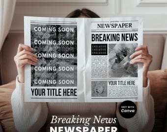 Canva-Vorlage für Eilmeldungen – Bearbeitbares Zeitungsdesign (US Letter, Tabloid, A4 & A3) – Für Geburtstags-, Hochzeits- und Veranstaltungsankündigungen
