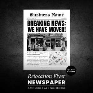 May include: A white flyer template designed like a newspaper with the headline BREAKING NEWS: WE HAVE MOVED! It features a black and white photograph of storefronts, a map graphic with a red location pin, and placeholder text for business details.