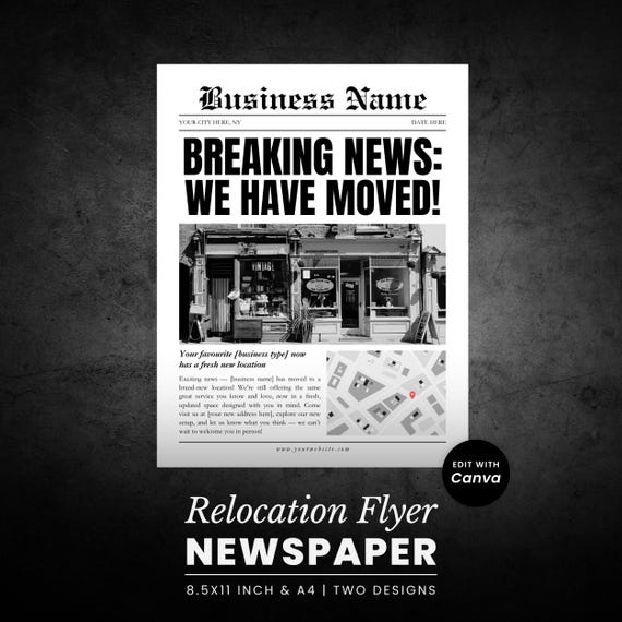 New Location Business Flyer - Newspaper Style Breaking News Canva Template - US Letter & A4 Sizes Included