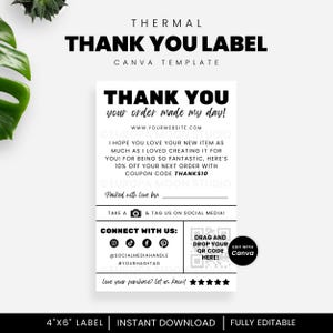 Etiqueta térmica de agradecimiento de 4" x 6" (plantilla personalizable de Canva) para embalaje de pequeñas empresas.