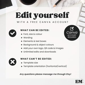 K&ouml;nnte beinhalten: Eine digitale Vorlagen-Anleitungsgrafik mit dem Text Edit yourself with a free Canva account. Sie listet bearbeitbare Funktionen wie Schriftart, Gr&ouml;&szlig;e, Farbe, Text und Elemente sowie nicht bearbeitbare Funktionen wie Vorlagengr&ouml;&szlig;e und Ausrichtung auf.