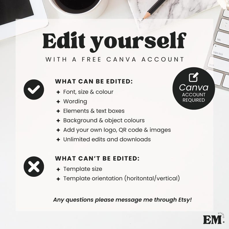 K&ouml;nnte beinhalten: Eine digitale Vorlagen-Anleitungsgrafik mit dem Text Edit yourself with a free Canva account. Sie listet bearbeitbare Funktionen wie Schriftart, Gr&ouml;&szlig;e, Farbe, Text und Elemente sowie nicht bearbeitbare Funktionen wie Vorlagengr&ouml;&szlig;e und Ausrichtung auf.
