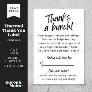 Thank You Thermal Label 4x6 PNG - Thanks A Bunch | Small Business Stickers Instant Download JPEG PDF Printable