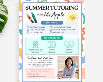 Summer Tutoring Flyer Vorlage - Bearbeitbare Canva-Vorlage für Lehrer und Tutoren - US Letter und A4