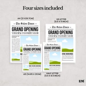 K&ouml;nnte beinhalten: Vier digitale Zeitungsvorlagen mit dem Titel The Salon Times und der Schlagzeile Grand Opening Your New Favourite Salon. Die Gr&ouml;&szlig;en umfassen A4 (21 x 29,7 cm), A5 (14,85 x 21 cm), US Letter (8,5 x 11 Zoll) und Half Letter (5,5 x 8,5 Zoll).