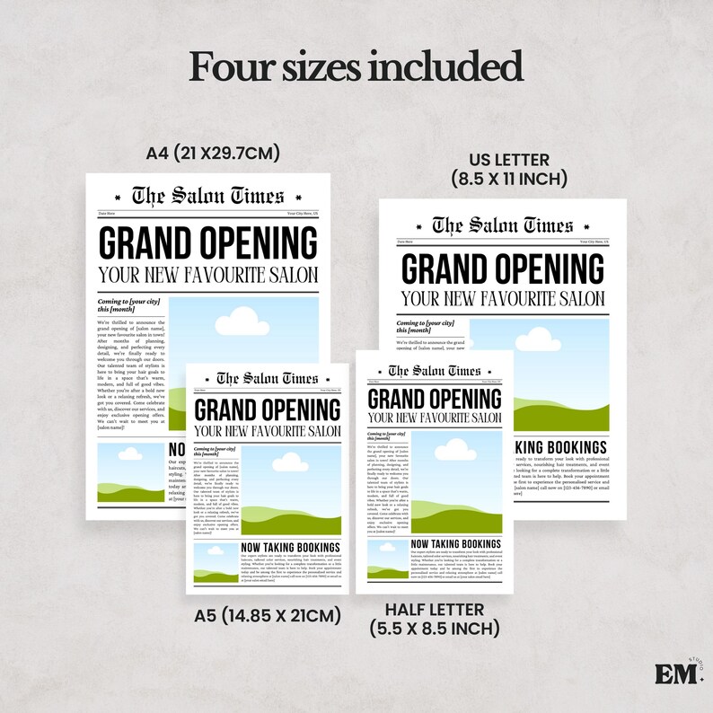 K&ouml;nnte beinhalten: Vier digitale Zeitungsvorlagen mit dem Titel The Salon Times und der Schlagzeile Grand Opening Your New Favourite Salon. Die Gr&ouml;&szlig;en umfassen A4 (21 x 29,7 cm), A5 (14,85 x 21 cm), US Letter (8,5 x 11 Zoll) und Half Letter (5,5 x 8,5 Zoll).