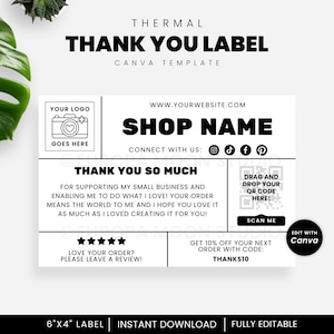 Thank You Label Canva Template 6x4 inch Customisable Thermal for Small Business Packaging with QR Code - Munbyn, Rollo, Dymo Compatible