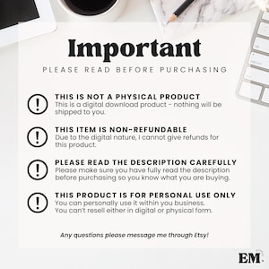 May include: White background with the word "Important" in bold, black letters. Text below states "PLEASE READ BEFORE PURCHASING." Additional text explains the product is a digital download, non-refundable, and for personal use only. Includes a keyboard and coffee cup.