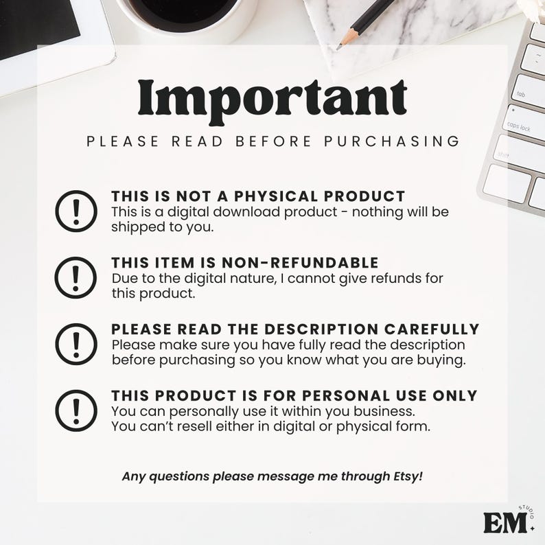 May include: White background with the word "Important" in bold, black letters. Text below states "PLEASE READ BEFORE PURCHASING." Additional text explains the product is a digital download, non-refundable, and for personal use only. Includes a keyboard and coffee cup.