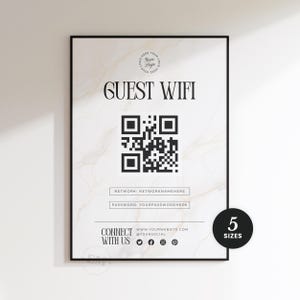 May include: A vertical rectangular sign with a white marble background featuring the text GUEST WIFI, a central QR code, placeholders for network and password details, and social media icons. A black circular badge in the corner displays 5 SIZES.