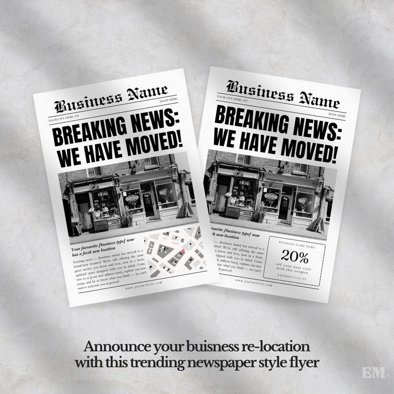 Puede incluir: Dos folletos blancos id&eacute;nticos dise&ntilde;ados como la portada de un peri&oacute;dico con el titular BREAKING NEWS: WE HAVE MOVED! en negrita negra. Cada folleto incluye una fotograf&iacute;a en blanco y negro de un escaparate, un mapa y texto.