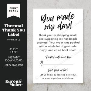 Thank You Label 4x6 Thermal PNG - You Made My Day | Small Business Stickers Instant Download JPEG PDF Printable