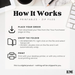 May include: White graphic with black text that reads "How It Works" and instructions for downloading and printing digital files. The instructions include steps for Windows and Mac users. The image also includes the text "Printables - Zip Files."