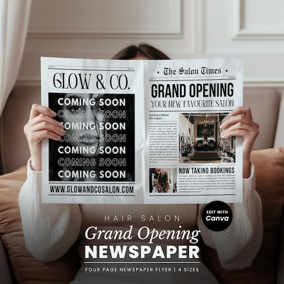 Grand Opening Salon Flyer - Newspaper Style Canva Template With Four Pages - US Letter, US Half-Letter, A4, A5 Sizes Included