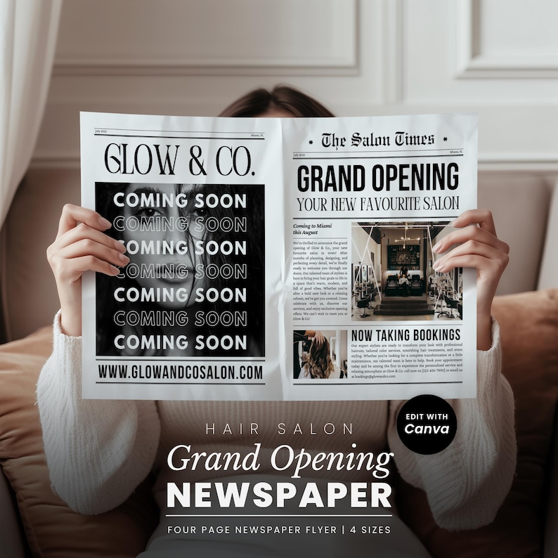 K&ouml;nnte beinhalten: Ein schwarz-wei&szlig;er Zeitungsflyer mit dem Titel The Salon Times, der die Neuer&ouml;ffnung von Glow & Co. ank&uuml;ndigt. Das Layout enth&auml;lt den Text Coming Soon, ein Foto eines Salon-Interieurs und die Website-Adresse www.glowandcosalon.com.