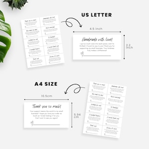 May include: White thank you cards with black text, including "Thank you so much!" and "Handmade with love!" messages. The US Letter card is 4.5 inches wide and 2.2 inches tall. The A4 size card is 10.5 cm wide and 5.94 cm tall.