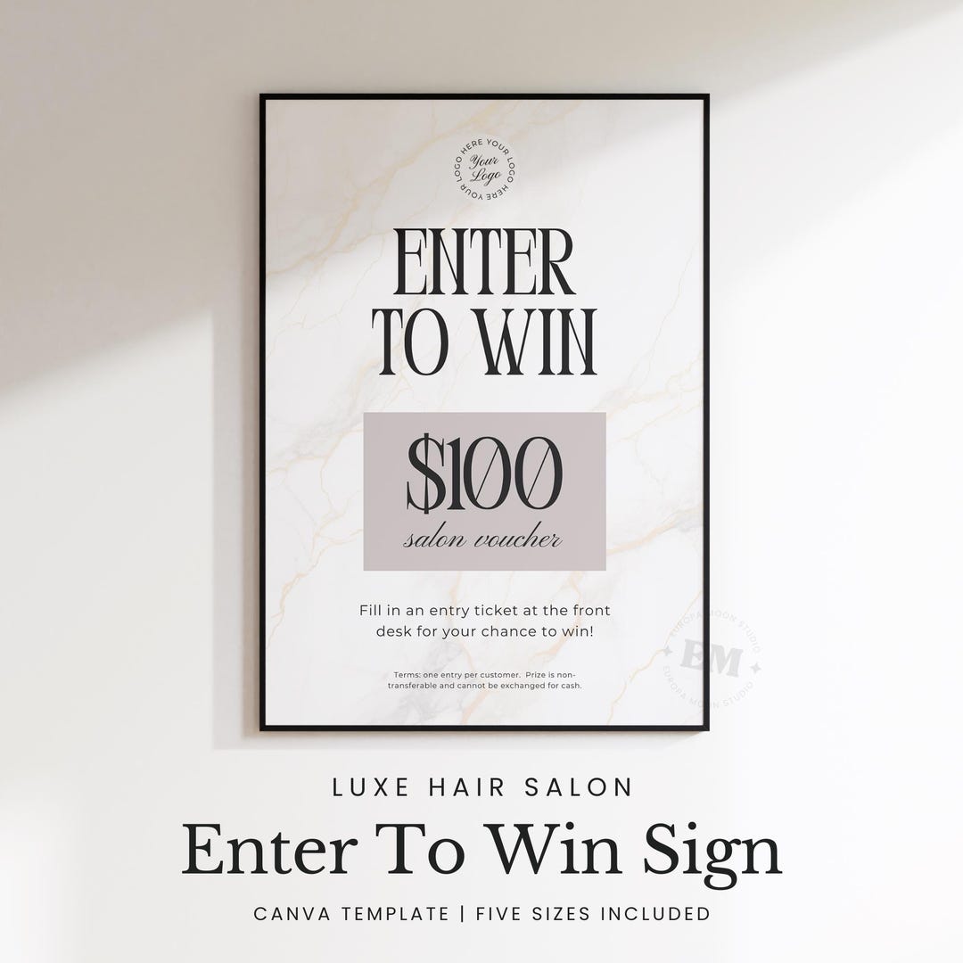 Feature Win Sign Enter to Win Sign Canva Template - Five Sizes - Luxe Salon Competition ...