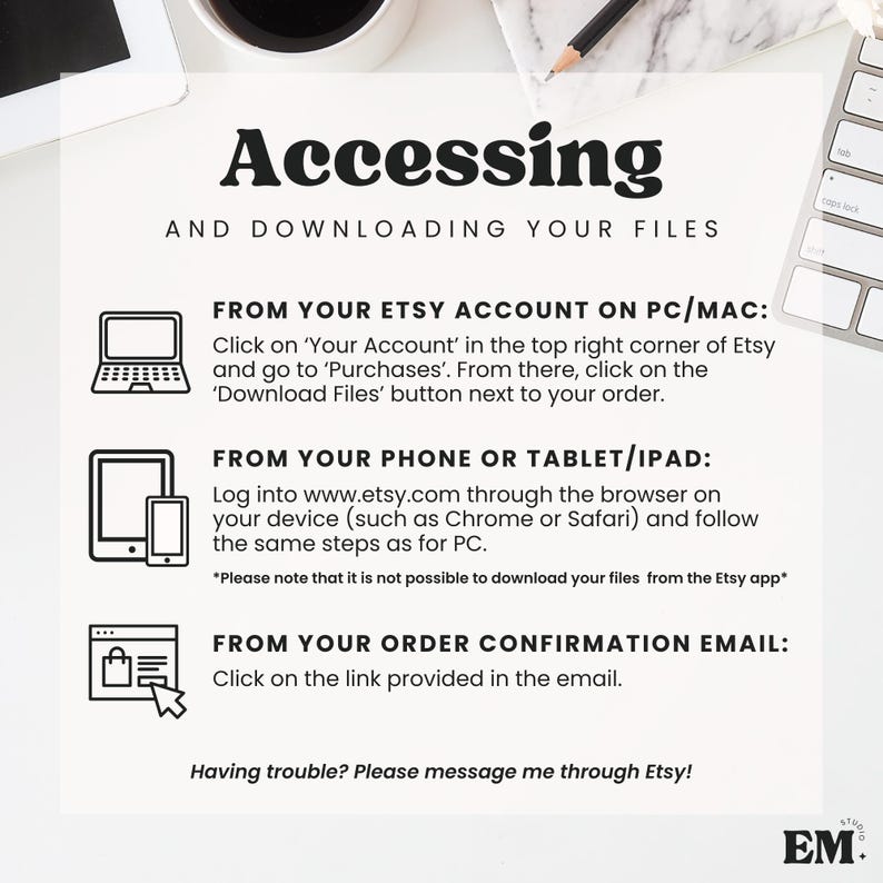K&ouml;nnte beinhalten: Eine Anleitungsgrafik mit dem Titel Accessing and Downloading Your Files. Sie zeigt drei Methoden zum Abrufen digitaler Dateien: &uuml;ber das Etsy-Konto auf PC/Mac, &uuml;ber einen mobilen Browser auf Telefon oder Tablet und per E-Mail-Link.