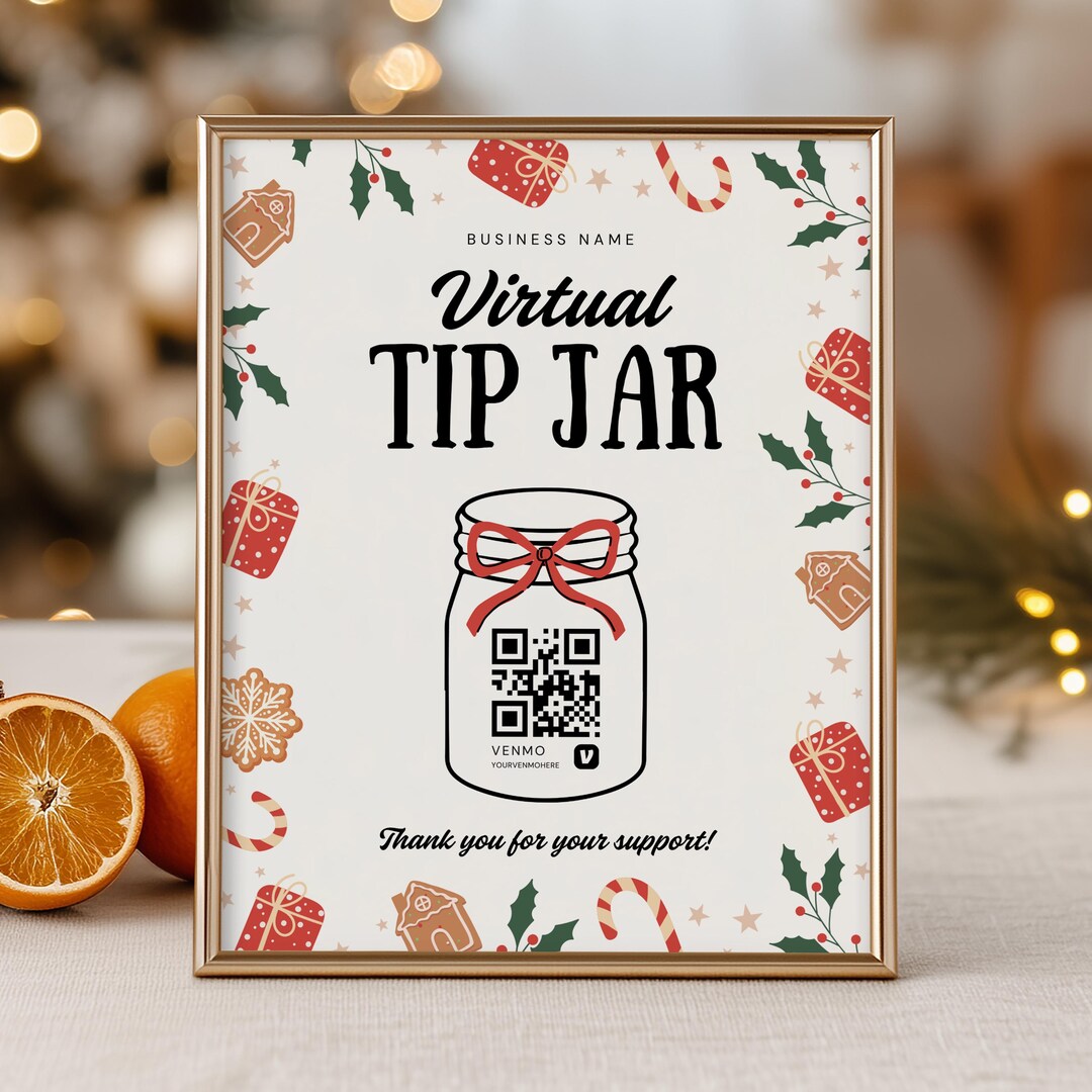 Festive Tip Jar Sign Canva Template - Editable Sign With QR Code for ...