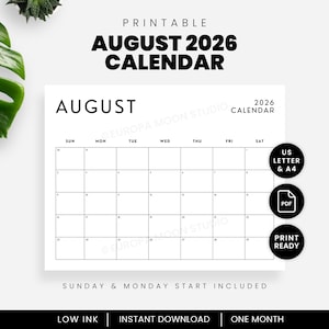 Op de afbeelding: Een afdrukbare augustus 2026 kalender in zwart en wit. De kalender bevat de dagen van de week, met opties om te beginnen op zondag en maandag. Inclusief A4-formaat, PDF-formaat en printklaar ontwerp.