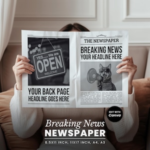 May include: A black and white newspaper template featuring the text THE NEWSPAPER, BREAKING NEWS YOUR HEADLINE HERE, and YOUR BACK PAGE HEADLINE GOES HERE. It includes an image of a cat with sunglasses holding a megaphone and an open sign.