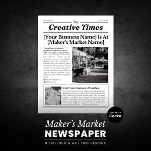May include: A digital newspaper template titled The Creative Times featuring placeholders for a business name, market event details, and a workshop announcement. The layout includes two black and white photographs and text sections on a white background.