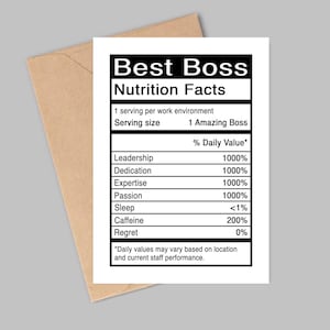 Afdrukbare waarderingskaart baas, beste feiten over voeding baas, humoristisch cadeau voor manager teamleider collega, 5 x 7 gevouwen, blanco binnenkant, pdf