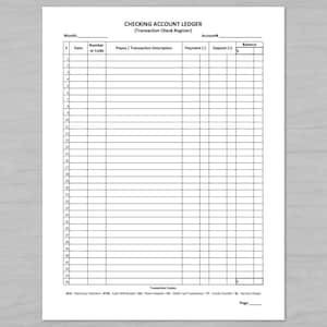 May include: A white, lined ledger titled "CHECKING ACCOUNT LEDGER (Transaction Check Register)". The ledger has columns for date, number or code, payee/transaction description, payment, deposit, and balance. Transaction codes are listed at the bottom.