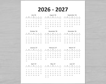 印刷可能な2026-2027年度アカデミックカレンダー、年中概要、2026年7月から12か月分、ミニマルな卓上・壁掛けカレンダー、1ページPDF、8.5 x 11インチ