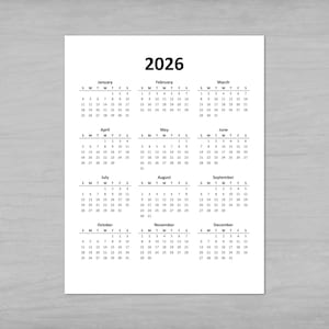 Printable 2025 and 2026 Calendars, Year at a Glance, 12 Months from January, Minimalist Desk Wall Calendar, Single One Page PDF, 8.5x11in