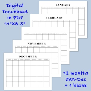 Könnte beinhalten: Digitaler PDF-Download eines Kalenders mit 12 Monaten, Januar bis Dezember, plus einer leeren Seite. Die Kalenderseiten sind weiß mit schwarzen Rasterlinien und Monatsnamen. Größe: 27,9 cm x 21,6 cm.