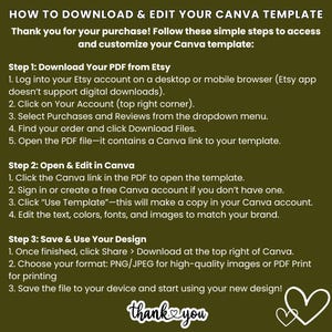 Op de afbeelding: Een groene achtergrond met witte tekst die uitlegt hoe je een Canva-sjabloon kunt downloaden en bewerken na aankoop. Instructies omvatten stappen voor Etsy en Canva, met een "dank je"-afbeelding onderaan.