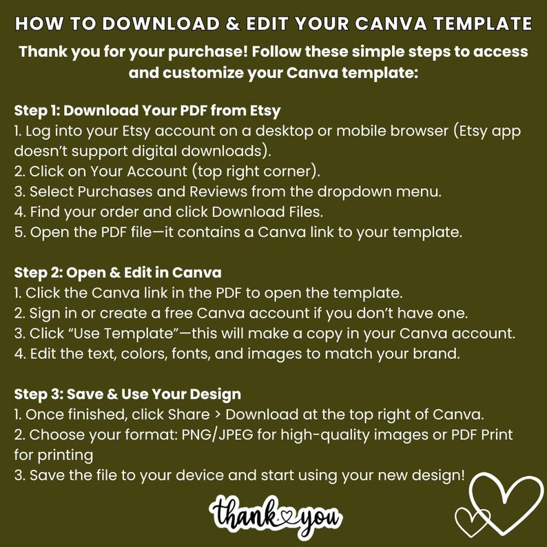 Op de afbeelding: Een groene achtergrond met witte tekst die uitlegt hoe je een Canva-sjabloon kunt downloaden en bewerken na aankoop. Instructies omvatten stappen voor Etsy en Canva, met een "dank je"-afbeelding onderaan.