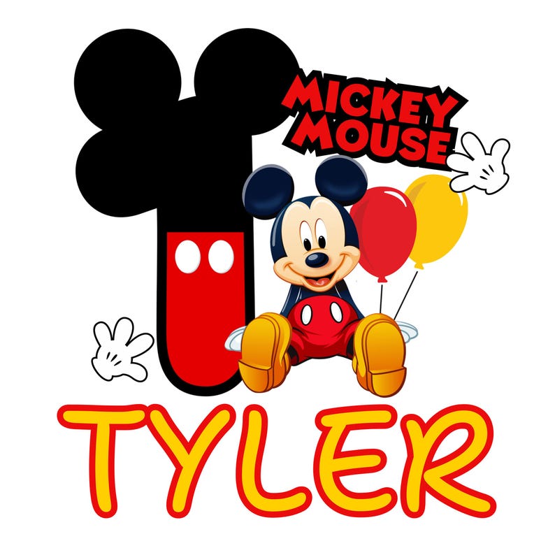 Op de afbeelding: Een kleurrijke afbeelding met Mickey Mouse die rode en gele ballonnen vasthoudt. De tekst "Mickey Mouse" is rood en de naam "Tyler" is geel met een rode rand. De achtergrond is wit.
