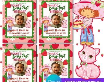 May include: A premade flyer designed by TBAILS ACADEMY. The flyer features a pink background with strawberries and the text "You are invited to Tionne's Berry First Birthday". The flyer includes a photo, a cartoon character, and a pink cat.